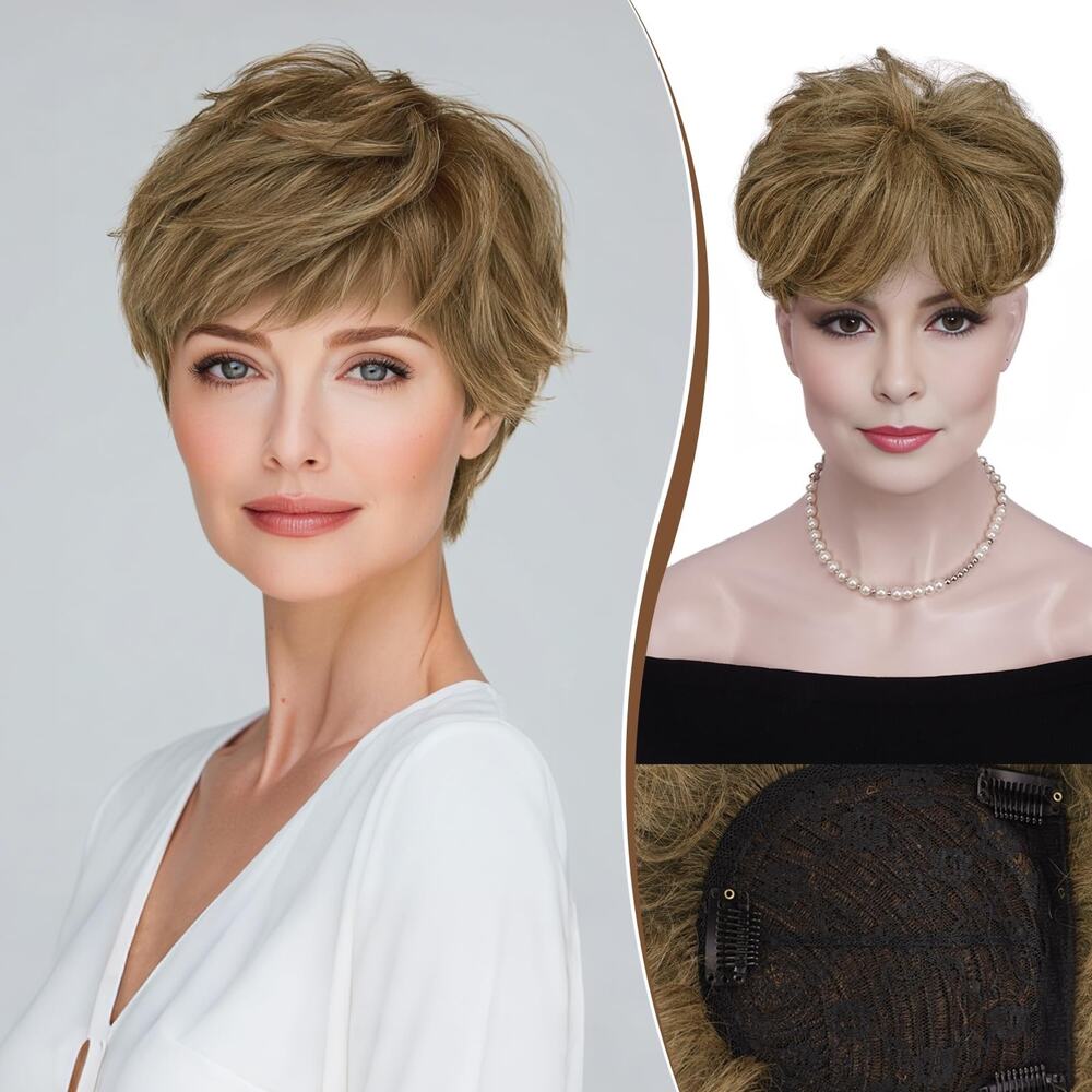 RUWISS Human Hair Topper Short Pixie Wig Light Brown Invisible Clip Base